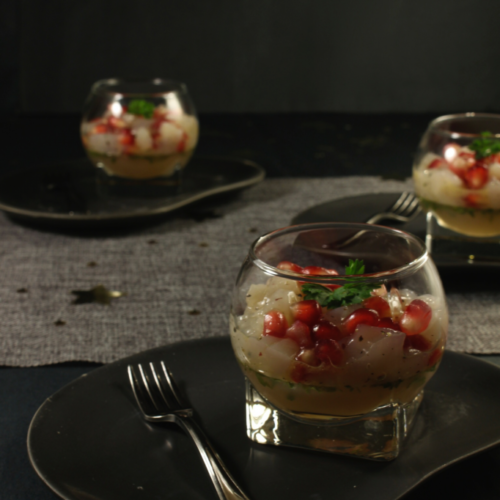 Coquilles met pompelmoes en granaatappel in 3 glaasjes als feesthapje